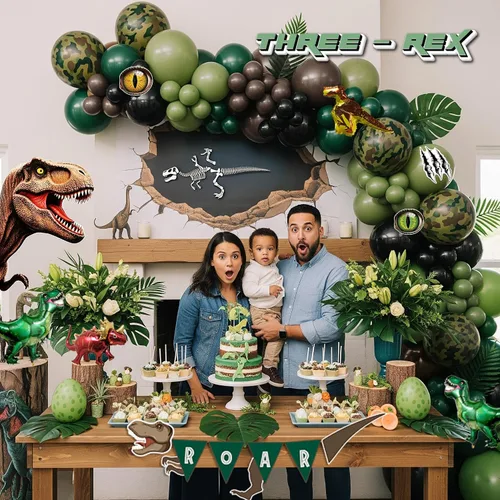 Vista 5 de Decoraciones de Fiesta de Cumpleaños de Dinosaurio kit de arco de globos verde cazador negro marrón con mini globos de papel de aluminio de dino