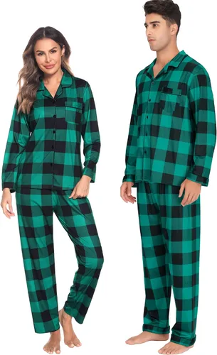 Vista 5 de Sexqero Conjunto de pijama familiar de Navidad a juego para parejas, ropa de dormir con botones y manga larga, a cuadros, conjunto de descanso S-XXL