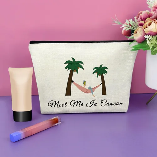 Vista 4 de Sazuwu Bolsa de maquillaje para mujer, Encuéntrame en Cancún, Tema playero