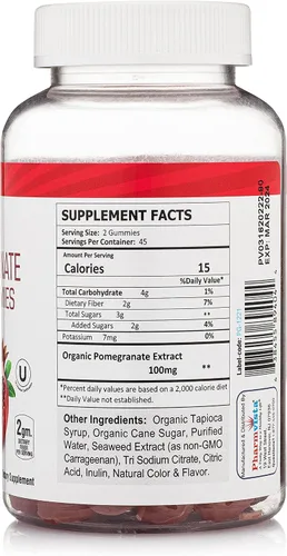 Vista 2 de Pharmvista Gomitas de fibra de granada para adultos y niños, 100 mg - Suplemento vegano de granada sin gluten rico en gomitas masticables de fibra