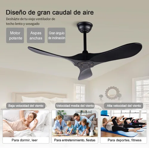 Vista 3 de Ventiladores de techo de 42 pulgadas sin luces, ventiladores de techo negros sin luces con control remoto, 3 aspas de madera maciza, ventilador