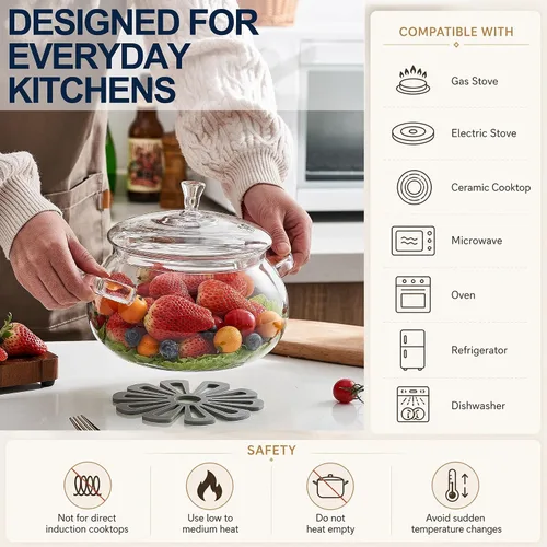 Vista 6 de Olla de vidrio de borosilicato, cacerola de 2.5 cuartos con tapa, apta para microondas, estufa y lavavajillas 3 QT borosilicate glass pot for