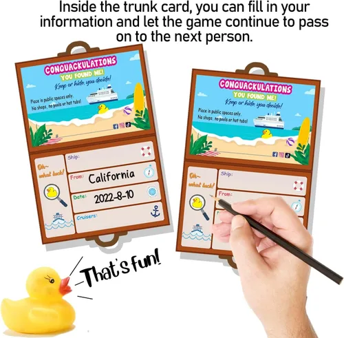 Vista 5 de Patos de goma de crucero para crucero, tarjeta de juegos de patitos, 20 patos de goma, 20 etiquetas de pato, 20 bandas de goma, 3 x 4.7 pulgadas