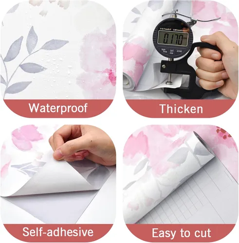 Vista 4 de Cohoo Home Papel de contacto floral para despegar y pegar, papel de contacto rosa floral para gabinete, autoadhesivo, extraíble, papel tapiz