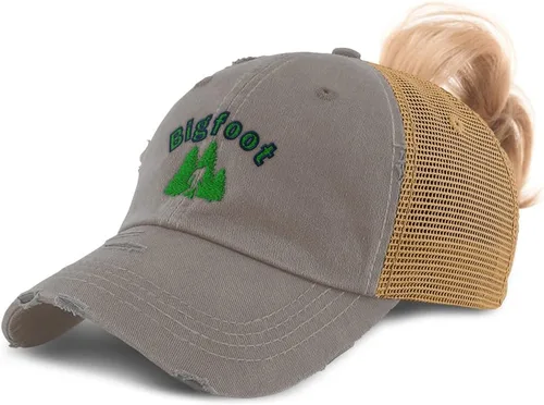 Vista 5 de Gorra de cola de caballo para mujer, diseño de criaturas míticas Bigfoot de algodón de hada envejecida