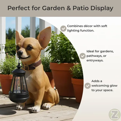 Vista 4 de Zeckos Little Light Keeper: Estatua de Chihuahua con linterna LED – Figura de decoración al aire libre para jardín, patio y patio – Compañero