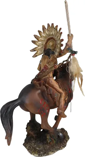 Vista 6 de Ebros Tribal Nativo Americano Guerrero jefe indio con gorro de guerra tocado de águila cargando en caballo, estatua de lanza lanzando caballo, 13.25