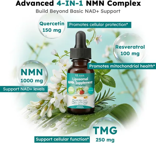 Vista 3 de Suplemento NMN Gotas líquidas, 4 en 1 NMN Beta 1000 mg con Quercetina TMG Resveratrol para energía antienvejecimiento y apoyo inmunológico, NMNH