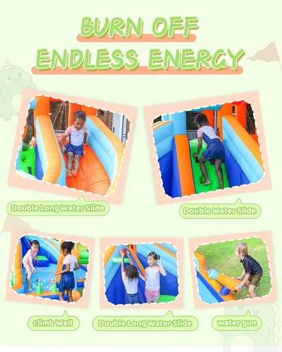 Vista 4 de AirMyFun Casa inflable de dinosaurio, tobogán acuático inflable de 2 toboganes para niños con pared de escalada, pozo de pelotas y portería