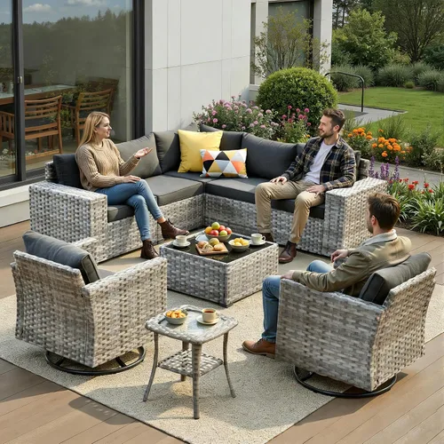 Vista 15 de Juego de muebles de patio de 6 piezas, sofá modular de mimbre para exteriores con mesa auxiliar, cómodos cojines, moderno sofá modular de ratán