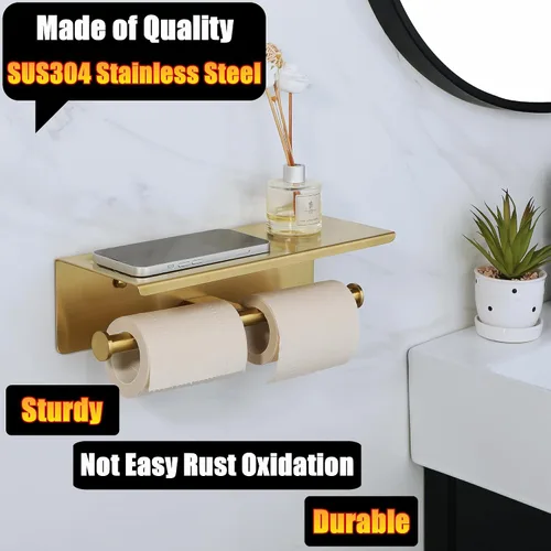 Vista 2 de Alise Soporte de papel higiénico doble, soporte de papel higiénico de baño con estante, dispensador de almacenamiento de rollos de papel higiénico