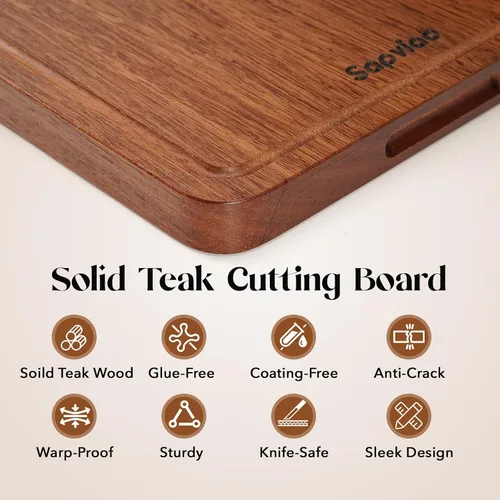 Vista 4 de Tabla de cortar de madera de teca, diseño unibody sólido, una pieza, duradera, apta para cuchillos, tabla de cortar de madera con ranuras profundas