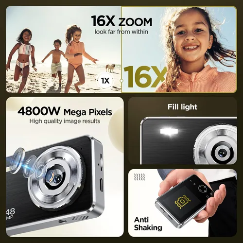 Vista 6 de Cámara digital Voxitenus - Cámara FHD 1080P para niños - Tarjeta TF de 64GB - Zoom 16x Auto-Enfoque con bolsa de cámara - Lector de tarjetas