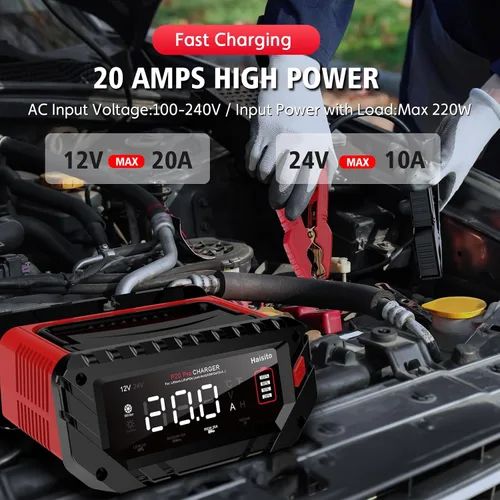 Vista 4 de Cargador de Batería de Litio de 20 Amperios, 12V y 24V Lifepo4, Portátil para Coche, Mantenedor de Batería, Cargador de Goteo y Desulfatador