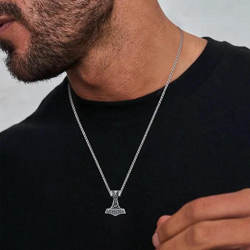 Vista 5 de Viking Jewelry Thor Hammer Mjolnir Collar para hombres y mujeres, lobo nórdico, Odín, hacha vikinga, amuleto de hacha vikinga, talismán, regalos