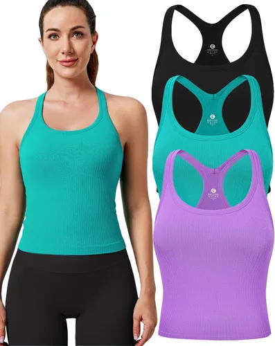 Vista 12 de Women's Workout Tank Tops, with Built in Bra Racerback Seamless Crop Tops Negro Blanco Gris 3 Pack