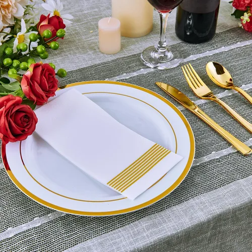 Vista 3 de Vplus 100 piezas de platos de plástico dorados de 10 pulgadas desechables, platos de plástico resistentes blancos elegantes y duraderos con borde