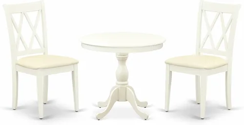 Vista 19 de East West Furniture AMCL3-BCH-W - Juego de mesa de comedor de 3 piezas contiene una mesa de cocina redonda con pedestal y 2 sillas de comedor, 36 x