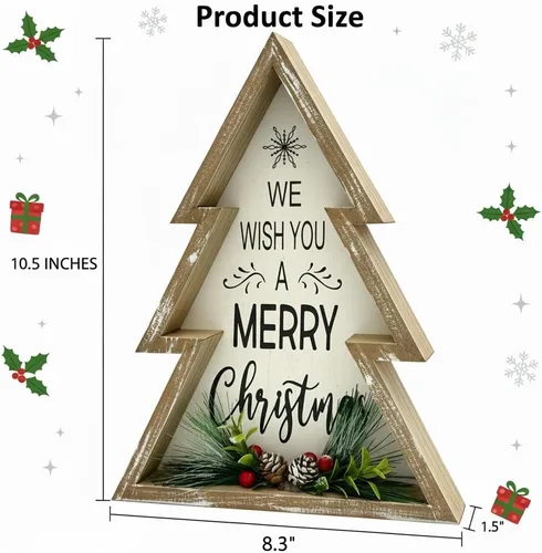 Vista 5 de Decoraciones navideñas para el hogar estilo granja, feliz árbol de Navidad con piñas, bloque decorativo de madera rústico para mesa, decoración