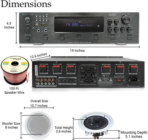 Vista 2 de Technical Pro Kit de sistema estéreo para el hogar - Amplificador Bluetooth de 6 canales 6000 vatios w/ 6 x 8” Framed Ceiling Speakers 300 W