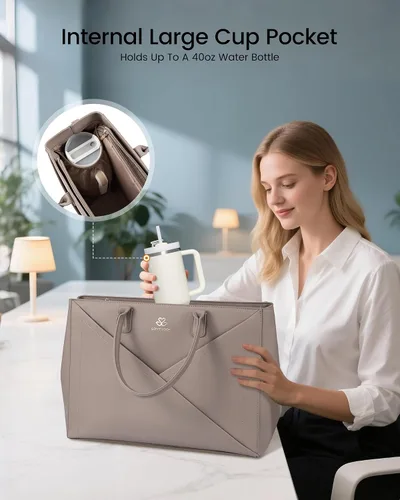 Vista 3 de LOVEVOOK Bolso para laptop de mano para mujer con portavasos grande, de 15.6 pulgadas, de PU, bolso de trabajo para maestra, bolso de mano