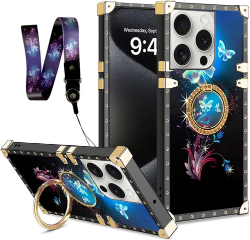 Vista 10 de nancheng Funda para iPhone 15, diseño de flor de mariposa azul, TPU suave, a prueba de golpes, con soporte de anillo y cordón a juego, elegante