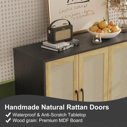 Vista 6 de Armario de almacenamiento con ribete de ratán, aparador de 4 puertas con almacenamiento, armario decorativo con estantes para baño, cafetería, Negro