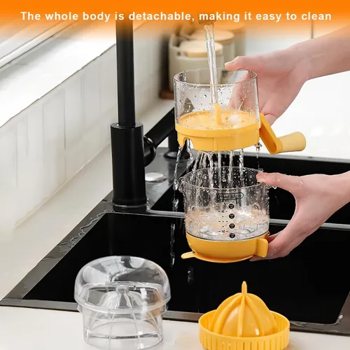 Vista 6 de Exprimidor manual de cítricos con taza medidora, prensa manual de plástico transparente para limones, naranjas, pomelo, base giratoria