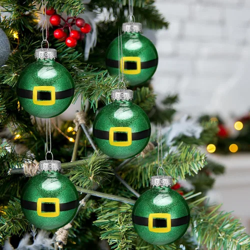 Vista 4 de Soulchen 16 adornos de bola de Navidad de elfo de 2.36 pulgadas, bola colgante con purpurina inastillable, adorno de árbol de elfo verde, decoración