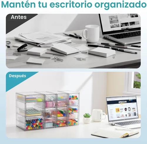 Vista 3 de Vtopmart Juego de 4 organizadores de escritorio transparentes, organizador de bolígrafos con 16 cajones, organización de escritorio de acrílico