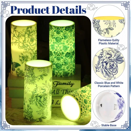 Vista 3 de Tiamon 4 piezas de velas de pilar sin llama estilo Chinoiserie LED, juego de velas de porcelana azul y blanca, operadas por batería, luz cálida