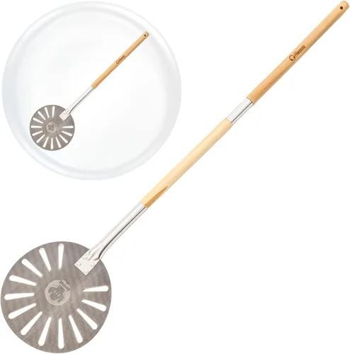 Vista 8 de Chef Pomodoro Pala giratoria de aluminio para pizza con mango de madera para un fácil almacenamiento, espátula perforada para pizza, paleta gourmet