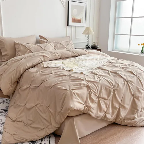 Vista 6 de Maple&Stone Juego de edredón tamaño Queen color beige, 7 piezas en una bolsa, juegos de ropa de cama con edredón, sábanas, fundas de almohada
