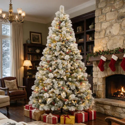 Vista 7 de Árbol de Navidad preiluminado flocado de 6 pies con agujas de Pino flocado