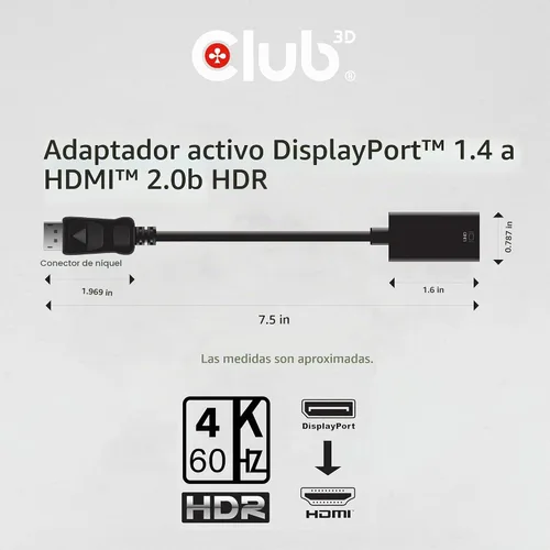 Vista 5 de Club 3D CAC-1080 DisplayPort 1.4 a HDMI 2.0b HDR Adaptador Activo M/F