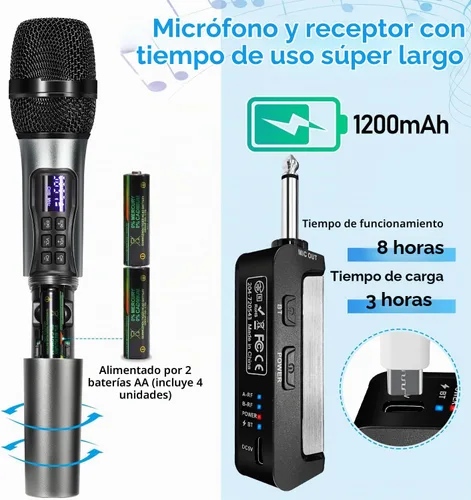 Vista 4 de Sistema de karaoke inalámbrico con receptor Bluetooth recargable, micrófono inalámbrico dinámico de mano profesional, rango UHF de 200 pies, salida