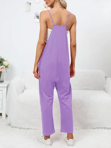 Vista 4 de DEEP SELF Overol casual para mujer, cuello en V, sin mangas, pantalones largos, holgados con bolsillos