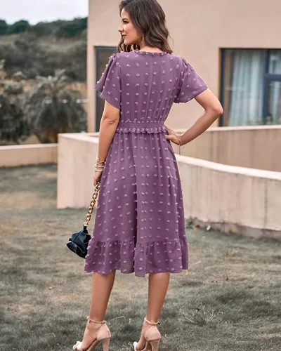 Vista 7 de BTFBM Elegantes vestidos de verano de manga corta con cuello en V y lunares suizos para mujer, vestidos largos bohemios con volantes 2023, vestido