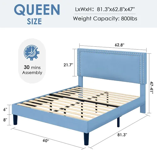 Vista 155 de VECELO Base de cama de plataforma de tamaño individual con cabecera tapizada de altura ajustable, base de colchón moderna, soporte de listones