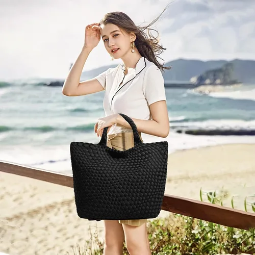 Vista 2 de JINMANXUE Bolso Hobo tejido para mujer, bolso de mano de neopreno de gran capacidad, bolso de hombro casual hecho a mano