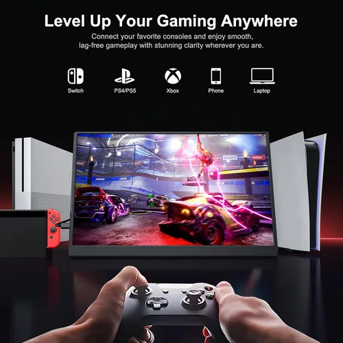 Vista 4 de Anyuse Monitor portátil FHD 1920 × 1200 de 14 pulgadas – USB-C HDMI ultrafina IPS pantalla de viaje con altavoces, HDR Plug & Play, brillo de 400
