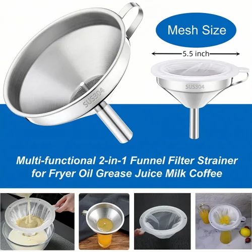 Vista 5 de Embudo de cocina con colador y filtro de malla fina 200, embudo de filtro de aceite de freidora de acero inoxidable 18/8 de grado alimenticio de 5