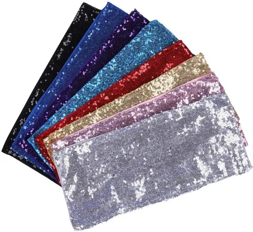 Vista 6 de Bandas elásticas de lentejuelas para silla de hotel, boda, recepción, fiesta, evento, decoración de silla de 4” x 16” Azul real