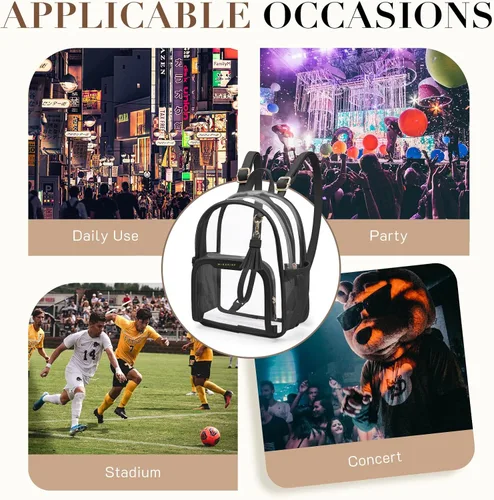 Vista 6 de Missnine Mochila transparente aprobada para estadios, mini bolsa transparente de PVC grueso con ribete de cuero para eventos deportivos, conciertos