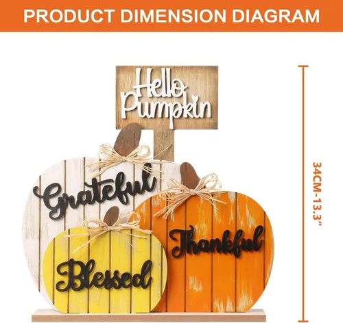 Vista 2 de SY Super Bang Decoraciones de Otoño para el Hogar, Letrero Rústico de Madera Bendecido Agradecido Afortunado de Calabaza para Mesa, Decoración