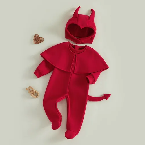 Vista 6 de Disfraz de animal de Halloween para bebé, mameluco con pies y cremallera con sombrero separado Red Devil