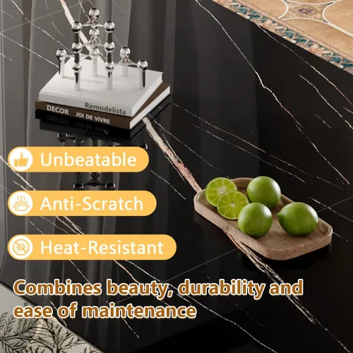 Vista 6 de Juego de mesa de comedor moderno para mesa de comedor de cristal de 6, 7 piezas, mesa de mármol sintético de 71 pulgadas con base de acero