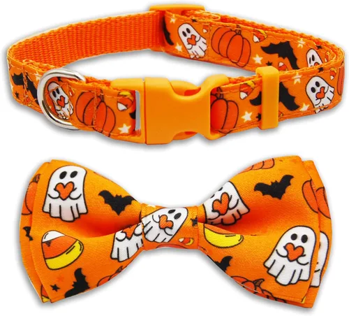 Vista 12 de Collar de perro de Halloween con corbatín, collar ajustable de vacaciones con estampado de fantasma con hebilla resistente, 3 tamaños para perros