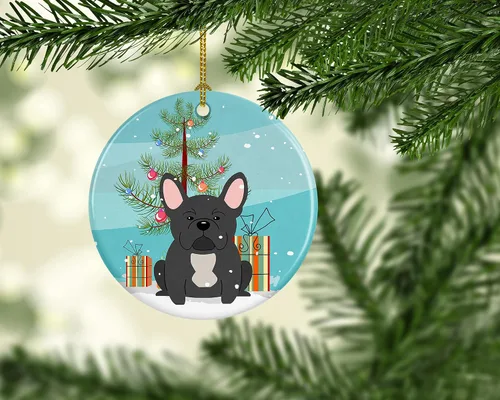 Vista 2 de Caroline's Treasures Adorno de cerámica negra para árbol de Navidad, diseño de bulldog francés, decoración colgante para el hogar, Navidad, fiestas