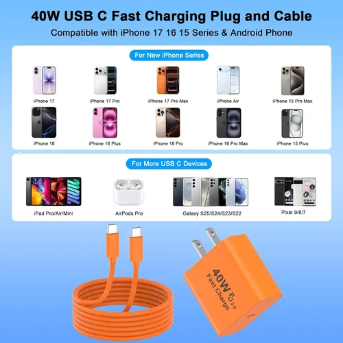 Vista 5 de [Certificado MFi de Apple] Cargador para iPhone 17 Pro Max de carga rápida, paquete de 2 bloques de cargador USB C de 40 W y cable de carga tipo C